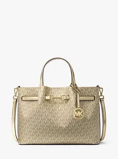 Michael Kors Carson Medium Metallic Signature Logo Satchel In Gold