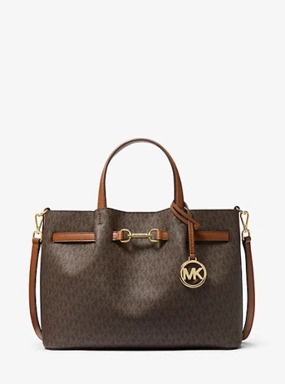Michael Kors Carson Medium Signature Logo Satchel In Brown