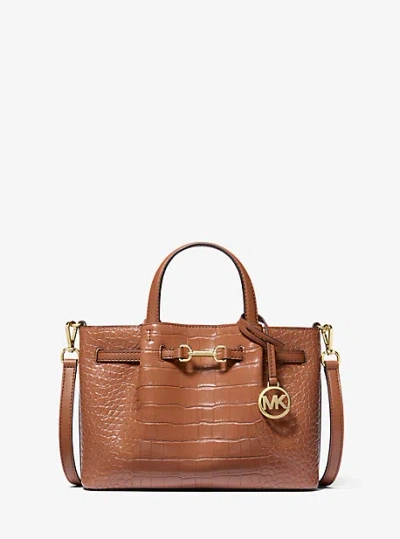 Michael Kors Carson Small Crocodile Embossed Satchel In Brown