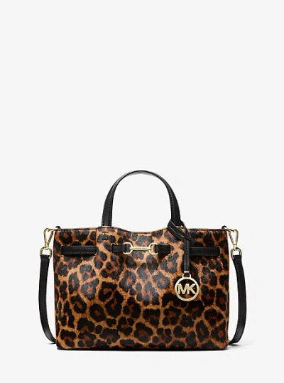 Michael Kors Carson Small Leopard Print Calf Hair Satchel In Brown