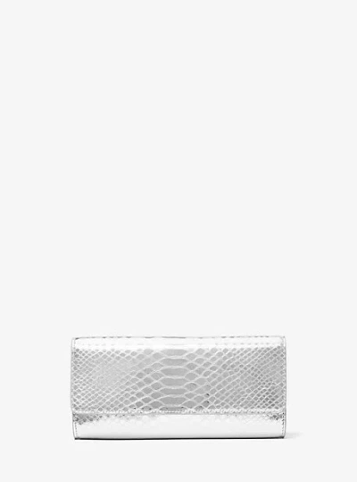 Michael Kors Cate Metallic Snake Embossed Leather Clutch In Silver