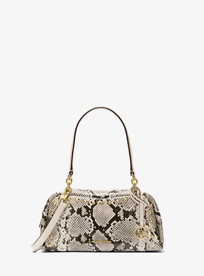 Michael Kors Cecily Small Studded Snake Embossed Shoulder Bag In Brown