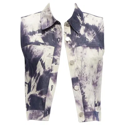 Pre-owned Michael Kors Celine Vintage 2000 Indigo Blue Cream Print Cotton Silk Denim Vest Jacket Fr40 L In White