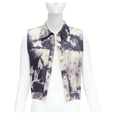 Pre-owned Michael Kors Celine Vintage 2000 Indigo Blue Cream Print Cotton Silk Denim Vest Jacket Fr40 L In White