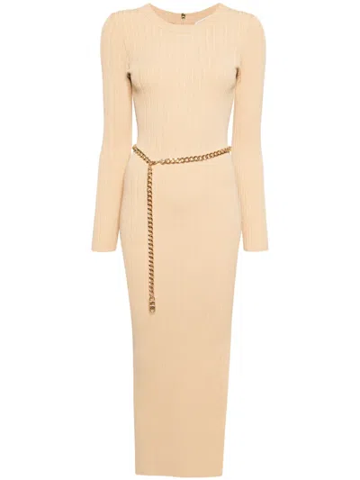 Michael Kors Chain-belt Ribbed-knit Midi Dress In Brown