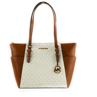 Michael Kors Charlotte Signature Leather Large Top Zip Tote Handbag Bag (vanilla) In White