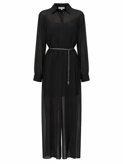Michael Kors Long Dress Sheer Fabric Belted Waist In Black