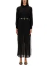 Michael Kors Black Long Dress With Classic Collar And Waist Belt In Black