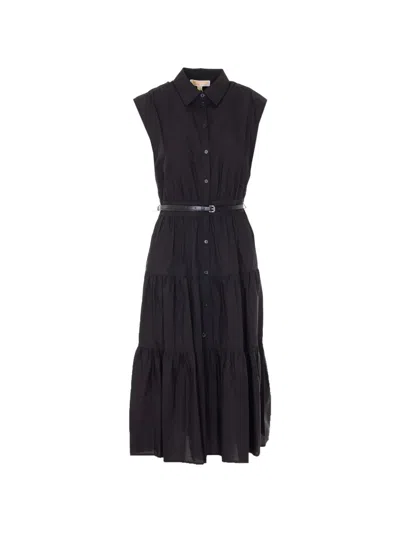 Michael Kors Poplin Dress Belted Waist Sleeveless Tiered In Black