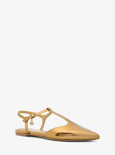 Michael Kors Cherie Snake Embossed Metallic Leather T-strap Flat In Silver
