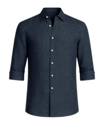 Michael Kors Linen Regular Fit Shirt Long Cuffed Sleeves In Blue