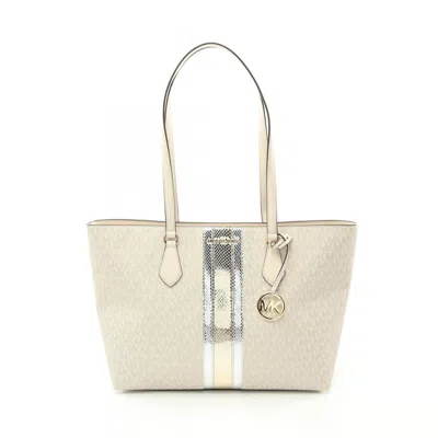 Pre-owned Michael Kors Coated Canvas Leather Tote Bag () In White