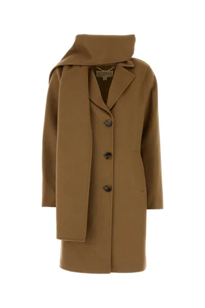 Michael Kors Wool Blend Coat Attached Scarf In Brown