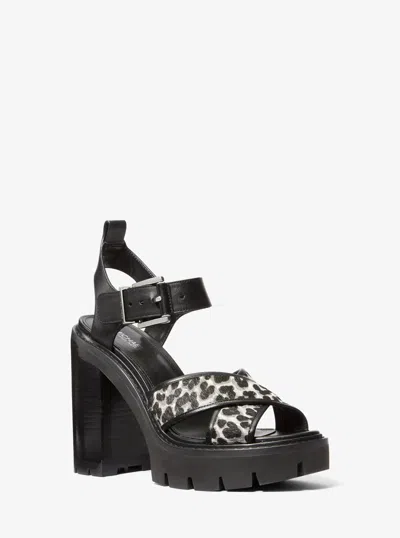 Michael Kors Colby Leopard Print Calf Hair Lug Platform Sandal In Black