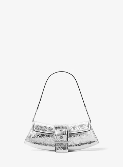 Michael Kors Colby Small Crackled Metallic Leather Convertible Clutch In Silver