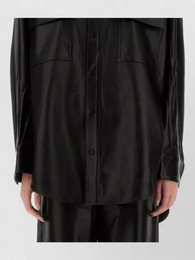 Michael Kors Collared Oversized Leather Jacket Long Sleeves Chest Pockets In Black
