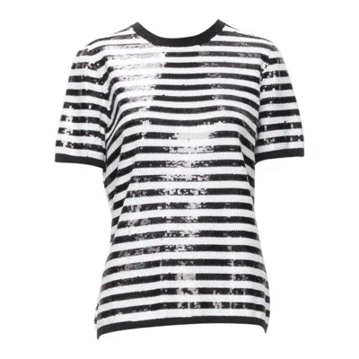 Pre-owned Michael Kors Collection 100% Merino Wool Black White Sequins Striped Boxy Top Xs