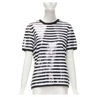 Pre-owned Michael Kors Collection 100% Merino Wool Black White Sequins Striped Boxy Top Xs