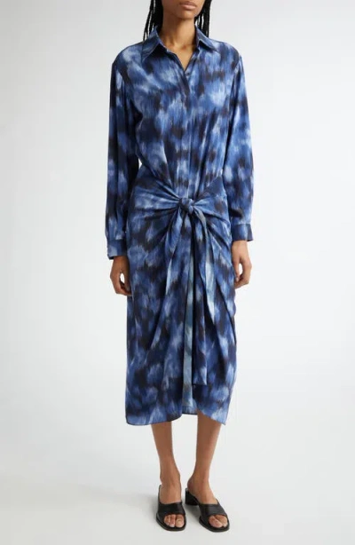 Michael Kors Collection Abstract Print Tie Front Long Sleeve Shirtdress In Blue