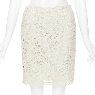Pre-owned Michael Kors Collection Beige Embroidered Lace Fited Skirt Us2 26" In Brown