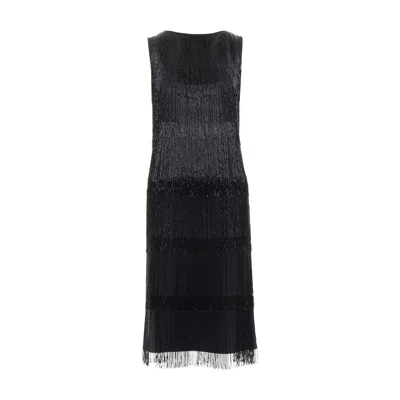 Pre-owned Michael Kors Collection Black Bead Fringe Crew Knee Flapper Dress Us0 Xs0