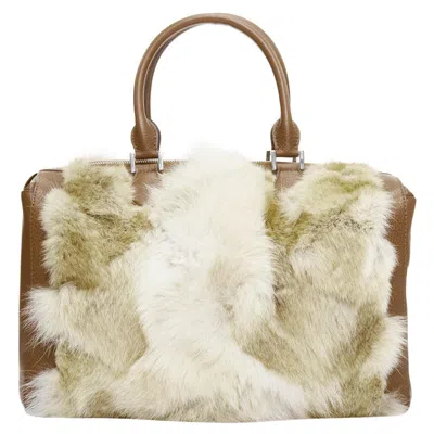 Pre-owned Michael Kors Collection Brown Leather Cream Coyote Fur Duffel Tote Bag In White