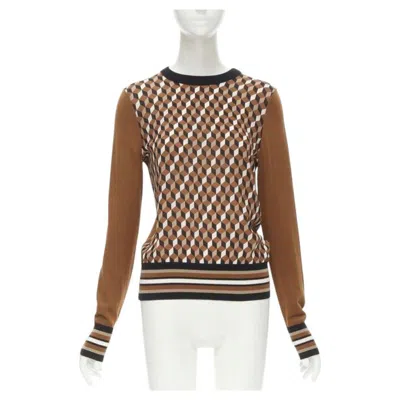 Pre-owned Michael Kors Collection Brown Merino Wool Cube Print Silk Panel Swaeter Xs