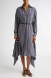 Michael Kors Collection Cascade Stripe Long Sleeve Silk Crêpe De Chine Shirtdress In Blue