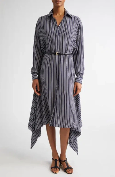 Michael Kors Collection Cascade Stripe Long Sleeve Silk Crêpe De Chine Shirtdress In Blue