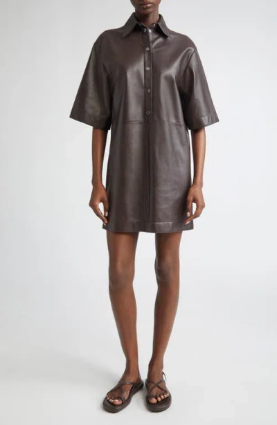 Michael Kors Collection Elbow Sleeve Lambskin Leather Shirtdress In Burgundy