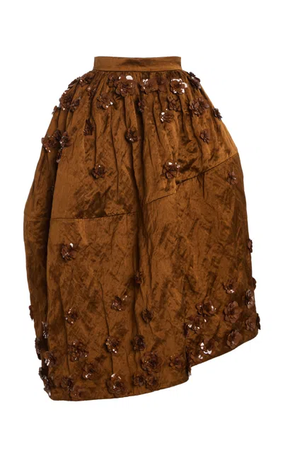 Michael Kors Collection Floral Emroidered Midi Skirt In Brown