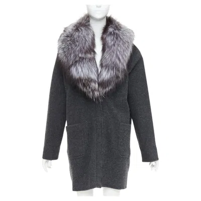 Pre-owned Michael Kors Collection Grey Fur Collar Dark Grey Wool Side Zip Coat In Gray
