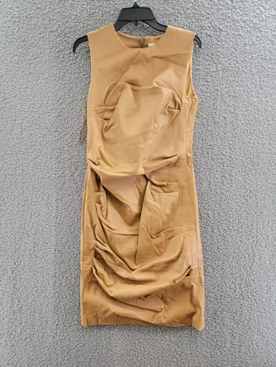 Pre-owned Michael Kors Collection Lamb Skin Silk Blend Front Ruched Dress Women's 10 Camel In Beige