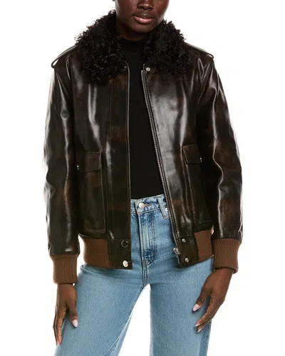 Michael Kors Collection Leather Bomber Jacket In Brown