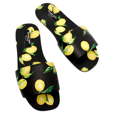 Pre-owned Michael Kors Collection Lemon Print Leather Delphine Slides In Black