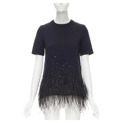 Pre-owned Michael Kors Collection Navy Feather Sequins Embellished Cashmere Sweater Xs In Blue