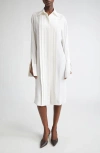 Michael Kors Collection Pleated Front Long Sleeve Silk Shirtdress In White