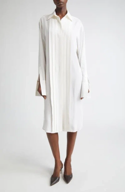 Michael Kors Collection Pleated Front Long Sleeve Silk Shirtdress In White