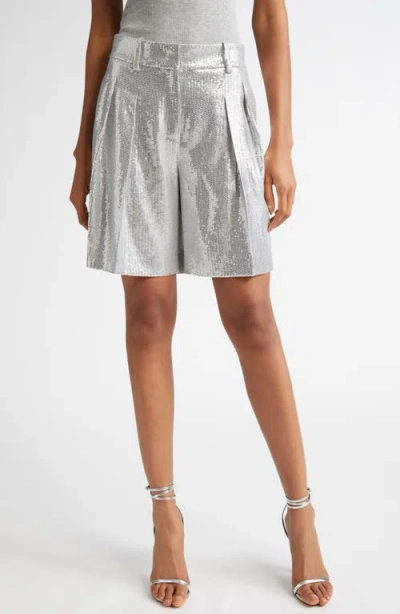Michael Kors Pleated Sequin Shorts In Pearl/silver
