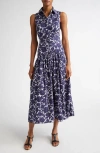 Michael Kors Collection Rose Print Drop Waist Cotton Poplin Midi Shirtdress In Maritime/optic White