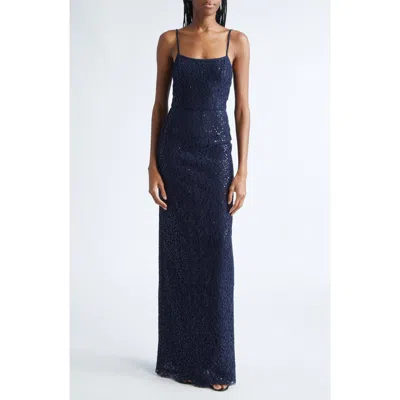 Michael Kors Collection Sequin Corded Floral Lace Gown In Blue