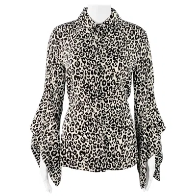 Pre-owned Michael Kors Collection Size 6 Black White Silk Animal Print Butterfly Sleeve Long Sleeve Blouse
