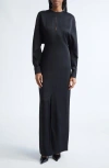 Michael Kors Collection Split Long Sleeve Satin Gown In Black