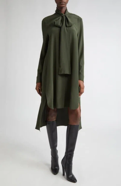 Michael Kors Collection Tie Neck Long Sleeve Silk Crêpe De Chine Shirtdress In Green