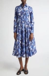 Michael Kors Collection Watercolor Floral Long Sleeve Cotton Poplin Midi Shirtdress In Blue