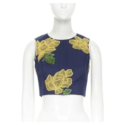 Pre-owned Michael Kors Collection Wool Silk Navy Yellow Floral Sleeveless Cropped Top Us2