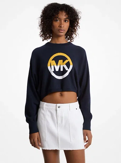 Michael Kors Color-block Logo Cotton Blend Cropped Sweater In Blue