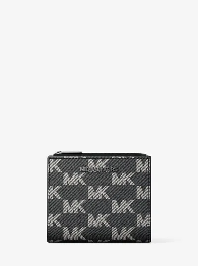 Michael Kors Cooper Medium Logo Jacquard Denim Zip Wallet In Gray