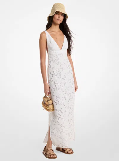 Michael Kors Lace Overlay Dress Sleeveless V Neckline In White