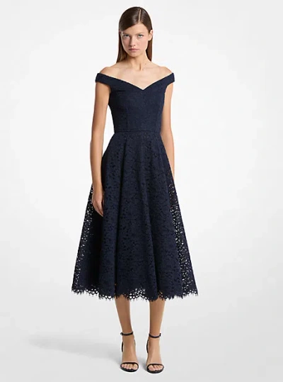 Michael Kors Corded Floral Lace Portrait-neck Dress In Blue